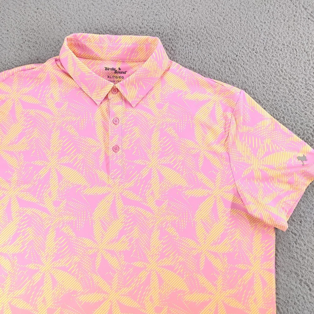 Birdie Bound Polo Shirt Men XL Pink NWOT Tropical Palm Print Golf Performance